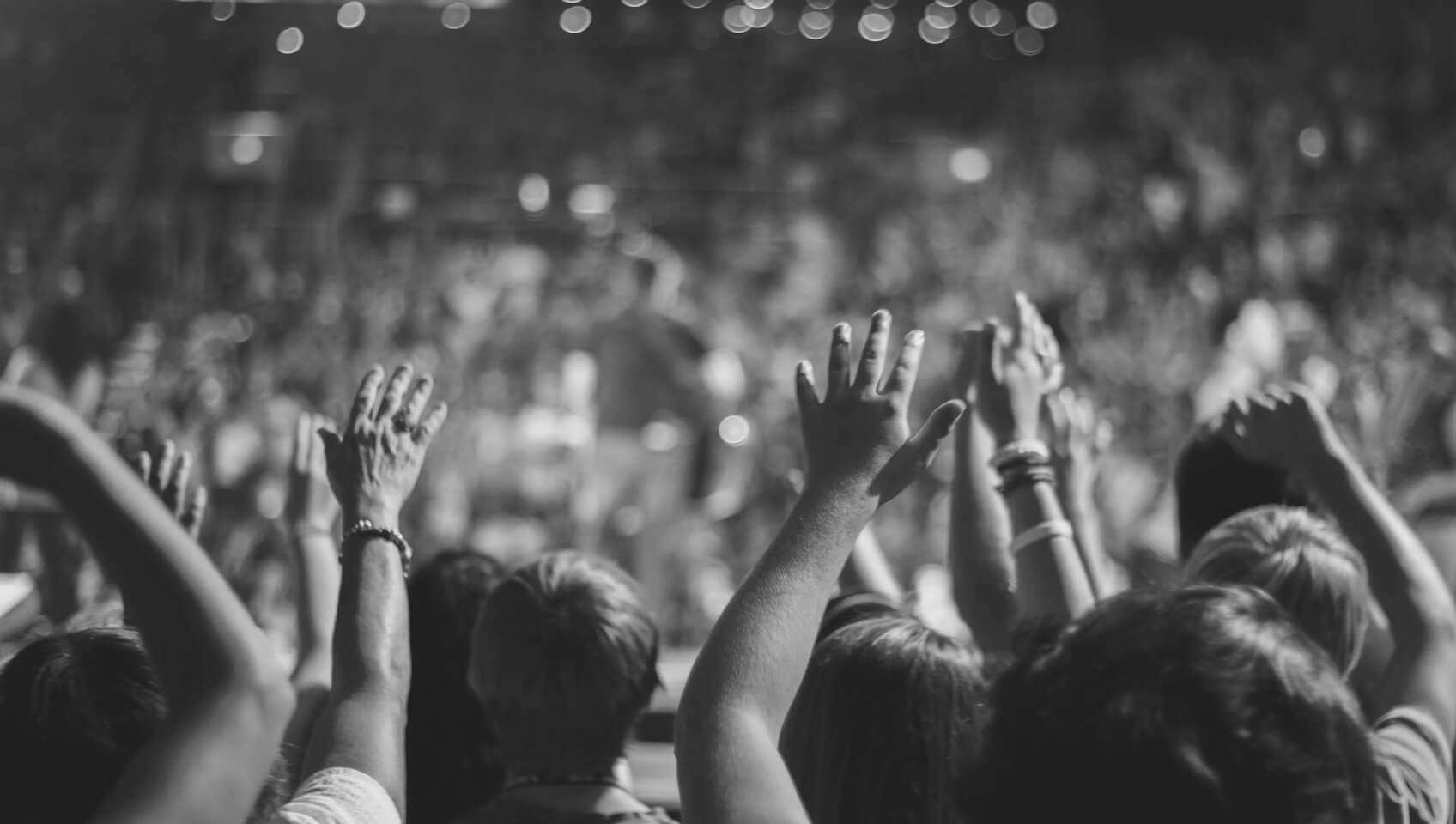 Photo of a crowd with their hands in the air